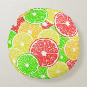 Lemon, orange, grapefruit and lime slices pattern round cushion