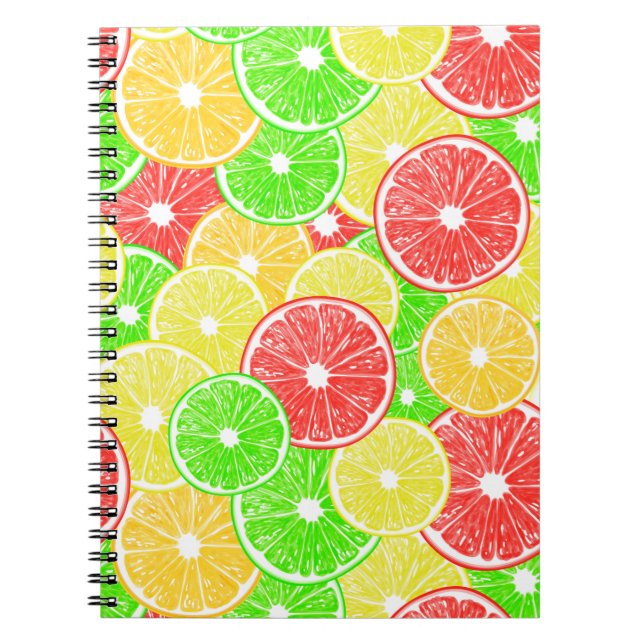 Lemon, orange, grapefruit and lime slices pattern spiral notebook (Front)