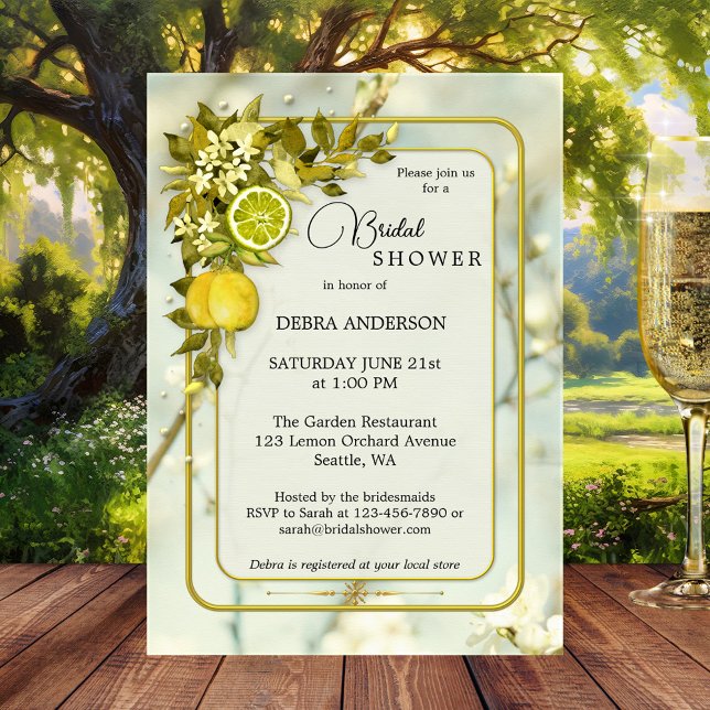 Lemon Orchard Watercolor Bridal Shower Invitation (Orchard bridal shower invitation featuring watercolor lemons and citrus fruits with floral leaves )