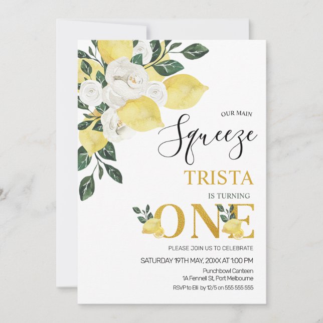 Lemon Our Main Squeeze First Birthday Invitation (Front)
