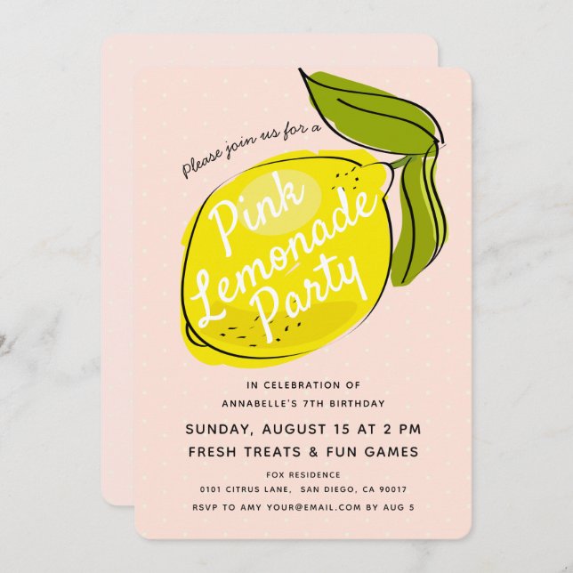 Lemon Pale Pink Lemonade Birthday Party Invitation (Front/Back)