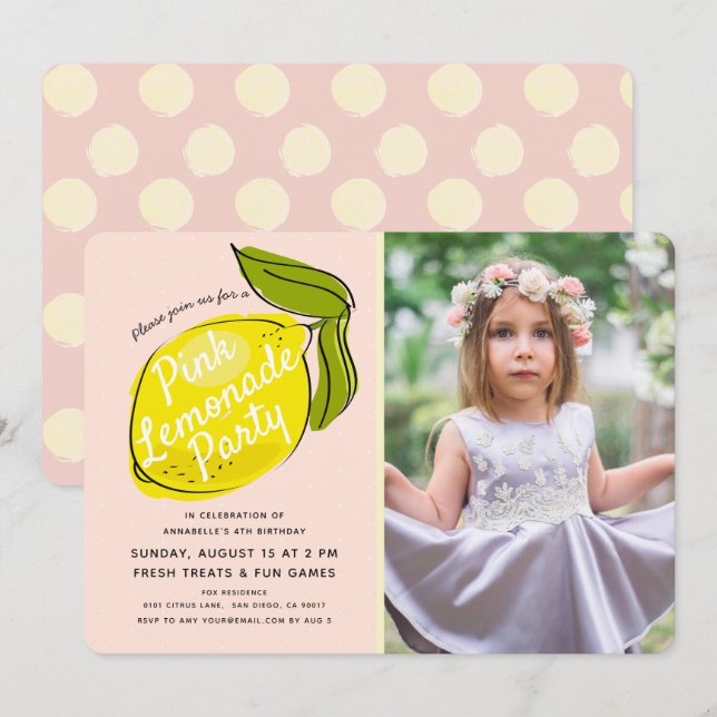 Lemon Pale Pink Lemonade Girl Photo Birthday Invitation (Front/Back)