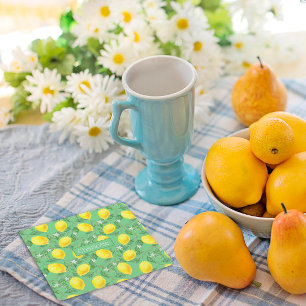 Lemon pattern custom name yellow green square paper coaster