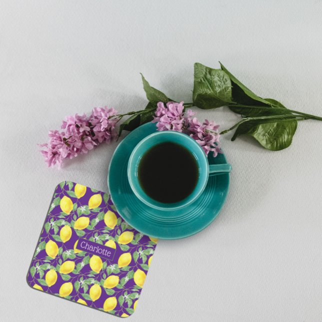 Lemon pattern custom name yellow purple square paper coaster (Creator Uploaded)