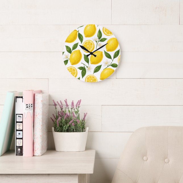 Lemon Pattern Design | Fresh Citrus Summer Print  Large Clock (Reading Room)