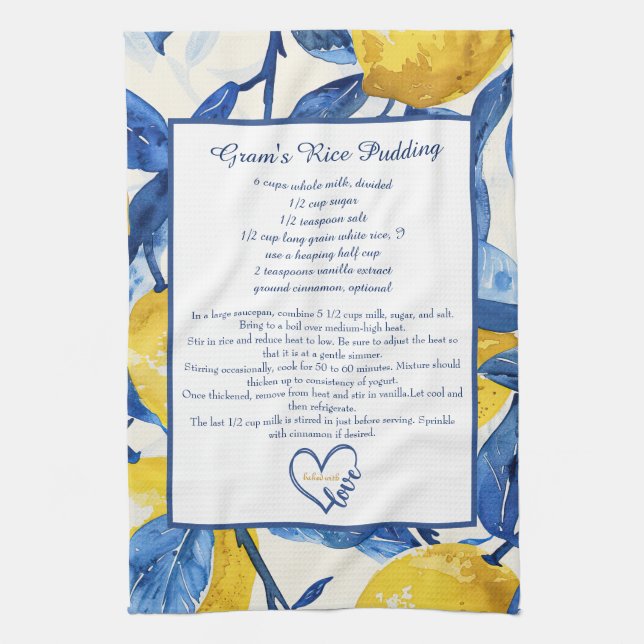 Lemon Pattern Family Recipe Keepsake Custom  Tea Towel (Vertical)