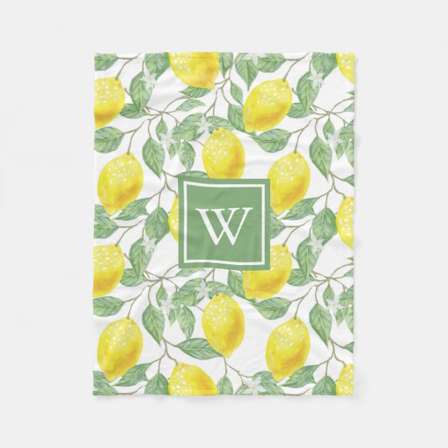 Lemon Pattern Green Monogram Fleece Blanket (Front)