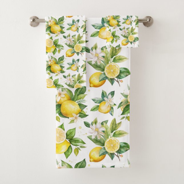 Lemon Pattern, Lemon Flowers, Leaves, Citrus Bath Towel Set (Insitu)