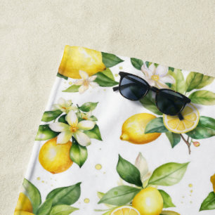 Lemon Pattern, Lemon Flowers, Leaves, Citrus Beach Towel