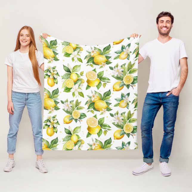 Lemon Pattern, Lemon Flowers, Leaves, Citrus Fleece Blanket (In Situ)