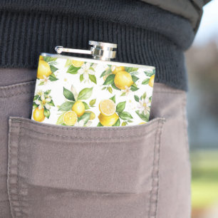 Lemon Pattern, Lemon Flowers, Leaves, Citrus Hip Flask