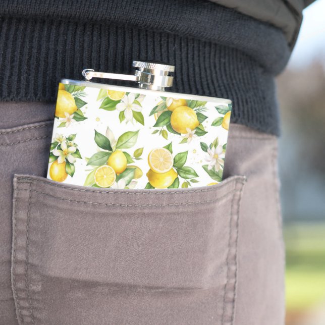 Lemon Pattern, Lemon Flowers, Leaves, Citrus Hip Flask (In Situ)