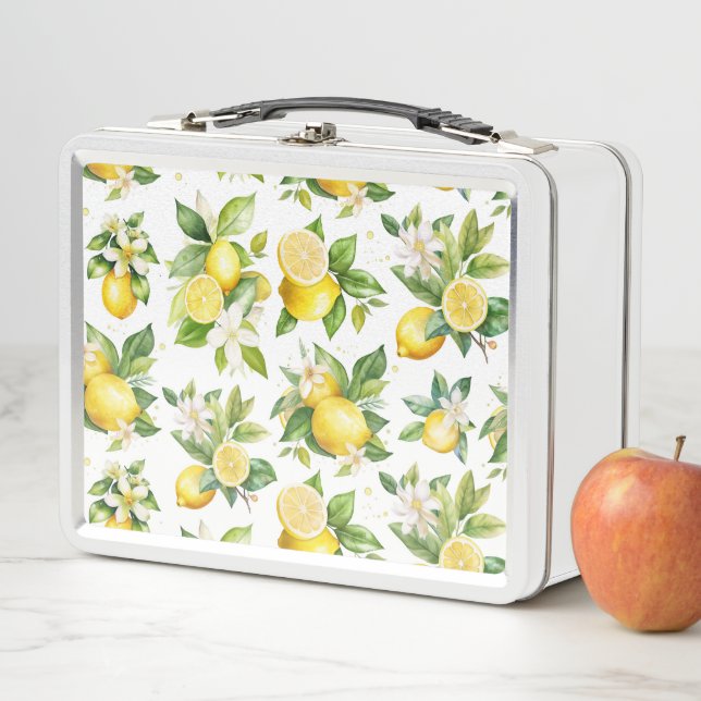Lemon Pattern, Lemon Flowers, Leaves, Citrus Metal Lunch Box (In Situ)
