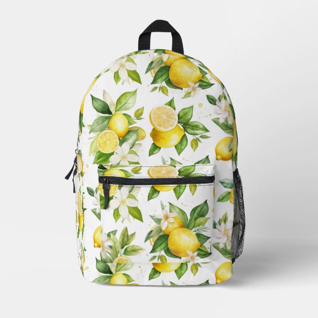 Lemon Pattern, Lemon Flowers, Leaves, Citrus Printed Backpack (Front)