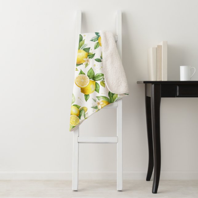 Lemon Pattern, Lemon Flowers, Leaves, Citrus Sherpa Blanket (In Situ)