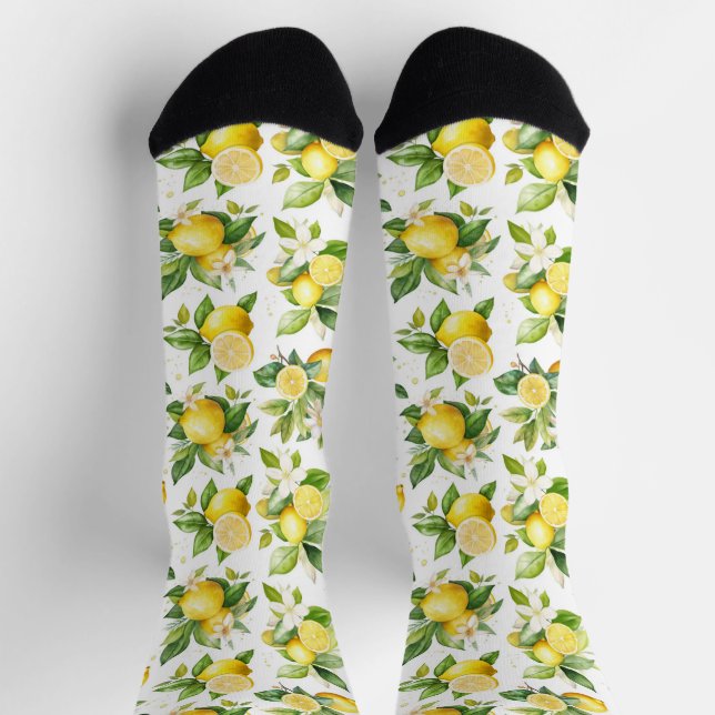 Lemon Pattern, Lemon Flowers, Leaves, Citrus Socks (Top)