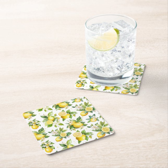 Lemon Pattern, Lemon Flowers, Leaves, Citrus Square Paper Coaster (Insitu)