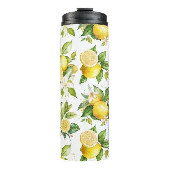 Lemon Pattern, Lemon Flowers, Leaves, Citrus Thermal Tumbler (Front)