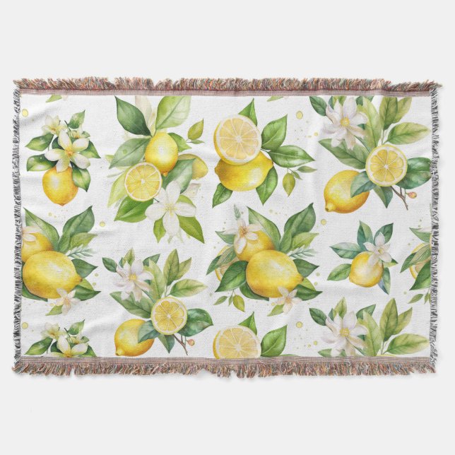 Lemon Pattern, Lemon Flowers, Leaves, Citrus Throw Blanket (Front)