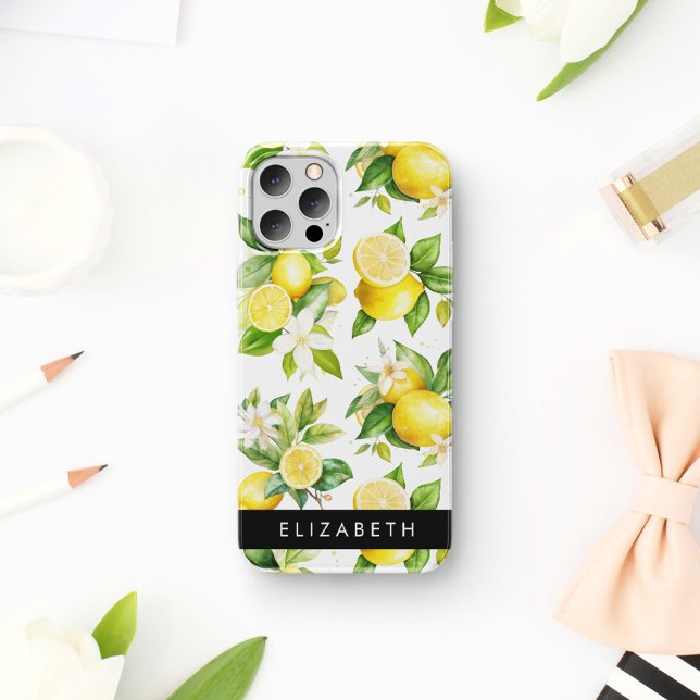 Lemon Pattern, Lemon Flowers, Leaves, Your Name iPhone 16 Case (Creator Uploaded)