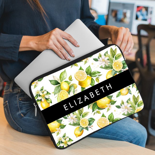 Lemon Pattern, Lemon Flowers, Leaves, Your Name Laptop Sleeve (Creator Uploaded)