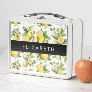 Lemon Pattern, Lemon Flowers, Leaves, Your Name Metal Lunch Box