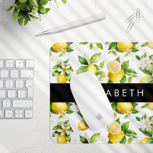 Lemon Pattern, Lemon Flowers, Leaves, Your Name Mouse Pad