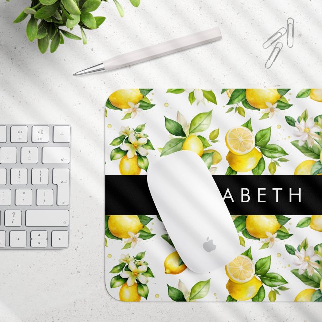 Lemon Pattern, Lemon Flowers, Leaves, Your Name Mouse Pad (Creator Uploaded)