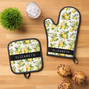 Lemon Pattern, Lemon Flowers, Leaves, Your Name Oven Mitt & Pot Holder Set