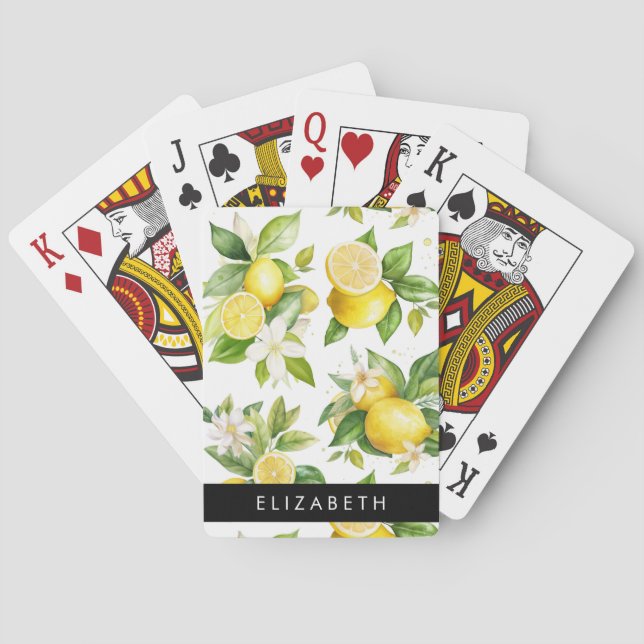 Lemon Pattern, Lemon Flowers, Leaves, Your Name Playing Cards (Back)