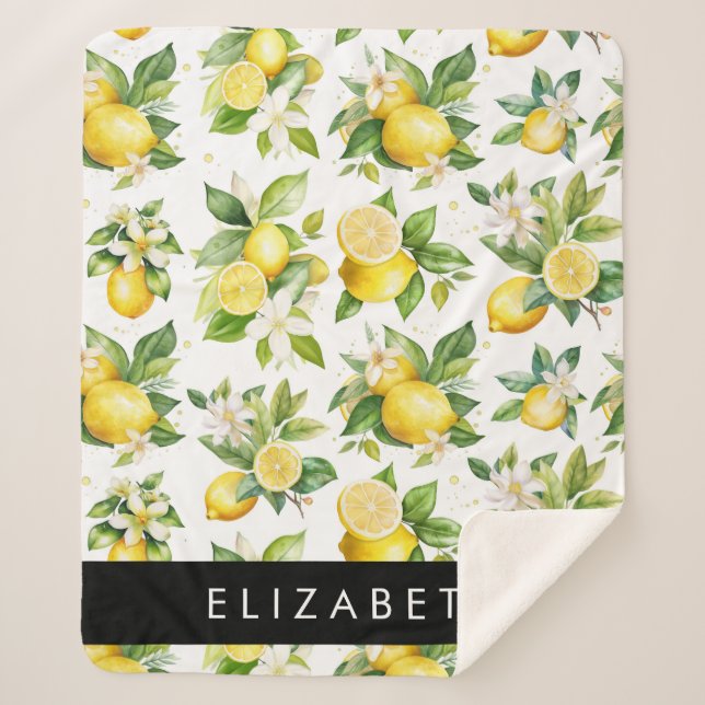 Lemon Pattern, Lemon Flowers, Leaves, Your Name Sherpa Blanket (Front)