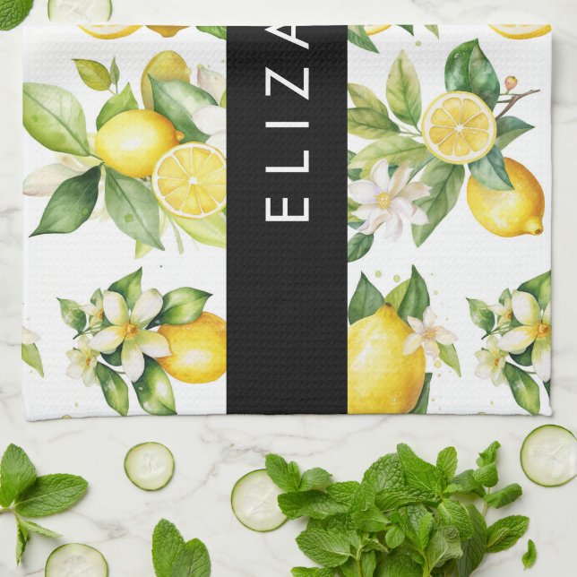 Lemon Pattern, Lemon Flowers, Leaves, Your Name Tea Towel (Folded)