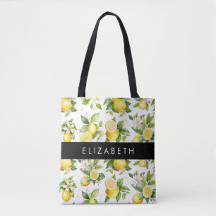 Lemon Pattern, Lemon Flowers, Leaves, Your Name Tote Bag