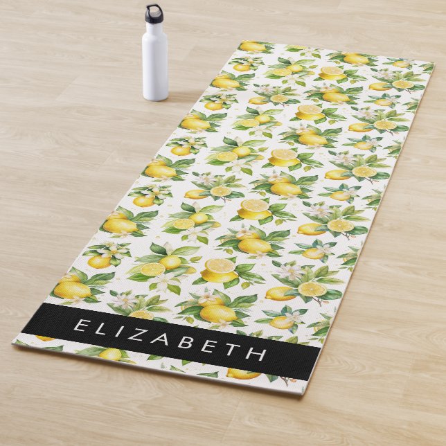 Lemon Pattern, Lemon Flowers, Leaves, Your Name Yoga Mat (In Situ)