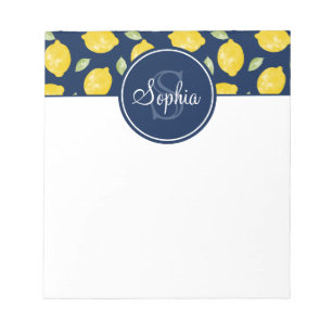 Lemon Pattern Navy Blue Yellow Monogram Notepad