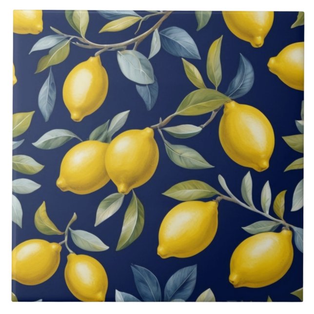 Lemon Pattern on Dark Navy Blue Tile (Front)