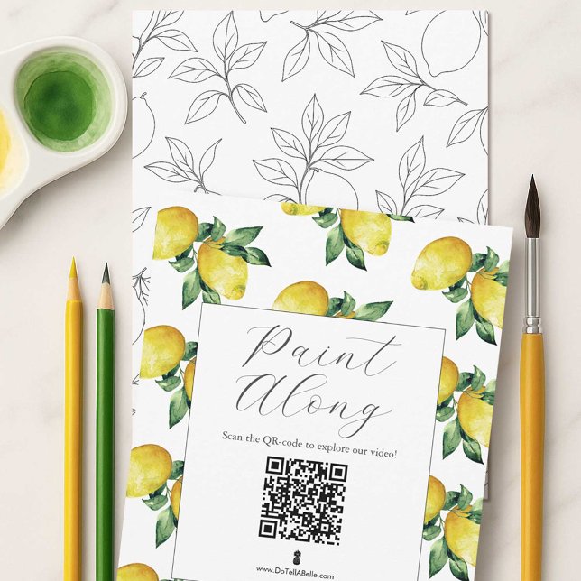 Lemon Pattern Outlines Invitation (lemon outlines for adult coloring or paint and sip party with QR code to how to video)