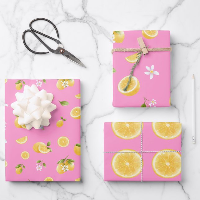 Lemon Pattern Pink Wrapping Paper Sheet (Front)