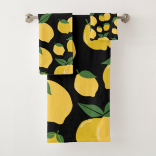 Lemon Pattern Retro Fruit Yellow On Black Bath Towel Set