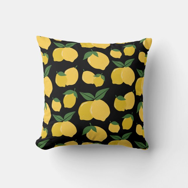 Lemon Pattern Retro Fruit Yellow On Black Cushion (Front)