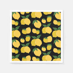 Lemon Pattern Retro Fruit Yellow On Black Napkin