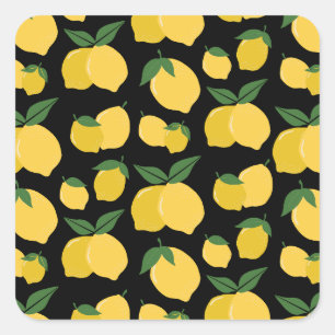 Lemon Pattern Retro Fruit Yellow On Black Square Sticker