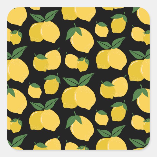 Lemon Pattern Retro Fruit Yellow On Black Square Sticker (Front)