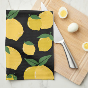 Lemon Pattern Retro Fruit Yellow On Black Tea Towel