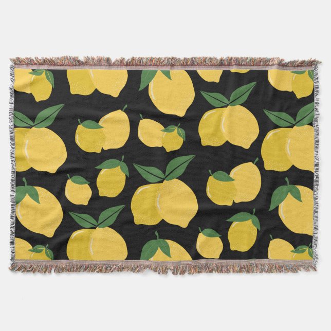 Lemon Pattern Retro Fruit Yellow On Black Throw Blanket (Front)