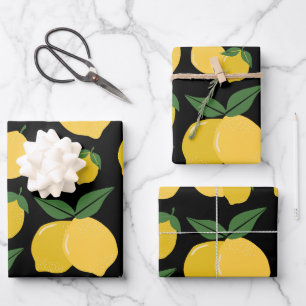 Lemon Pattern Retro Fruit Yellow On Black Wrapping Paper Sheet