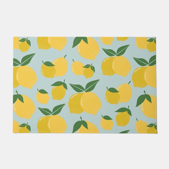 Lemon Pattern Retro Fruit Yellow On Green Doormat (Front)