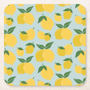 Lemon Pattern Retro Fruit Yellow On Green Square Paper Coaster