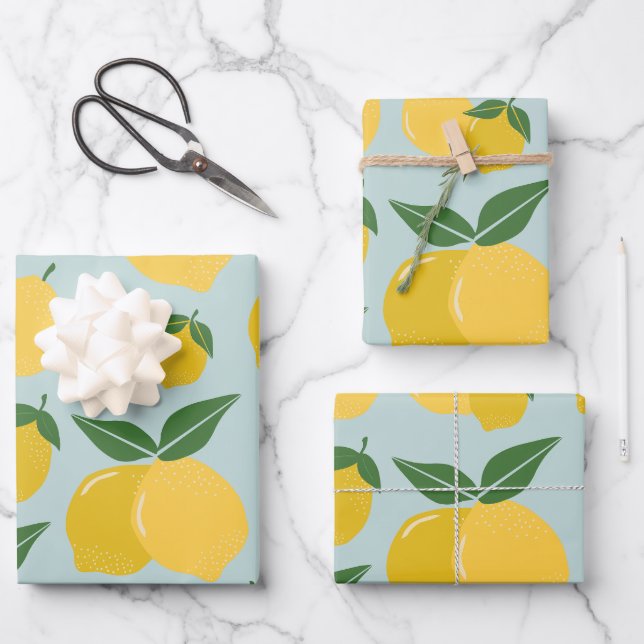 Lemon Pattern Retro Fruit Yellow On Green Wrapping Paper Sheet (Front)