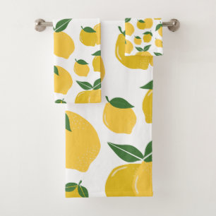 Lemon Pattern Retro Fruit Yellow On White Bath Towel Set